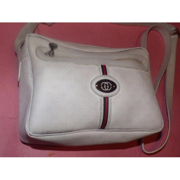 Gucci Vintage Boxy Top Zip Crossbody White Leather Small G Logo Print Coated - Picture 2 of 5
